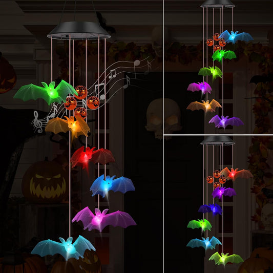 Bat Solar Lights Wind Chimes for outside Halloween Decoration,Color Changing Halloween Lights Wind Chimes with Pumpkin Bells,Bat Solar Chimes Outdoor Waterproof for Garden Patio Yard Porch Party Decor