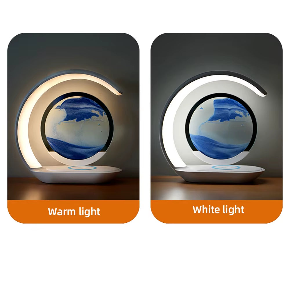 Quicksand Table Lamp Wireless Charging Desk Lamp 3D Hourglass Ornaments Sand Painting Night Light for Office Room Decoration